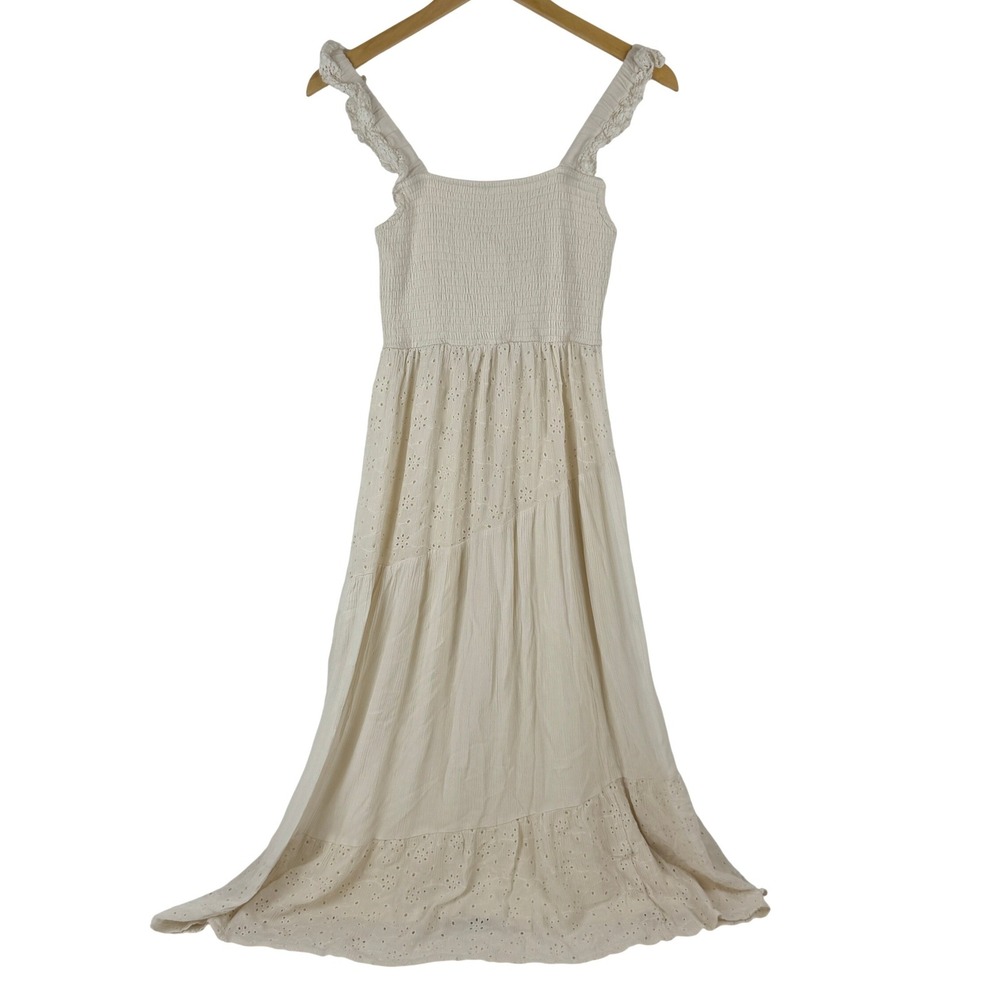 WALLFLOWER Cream Smocked‎ Tiered Eyelet Maxi Dress Womens M Boho Cottagecore